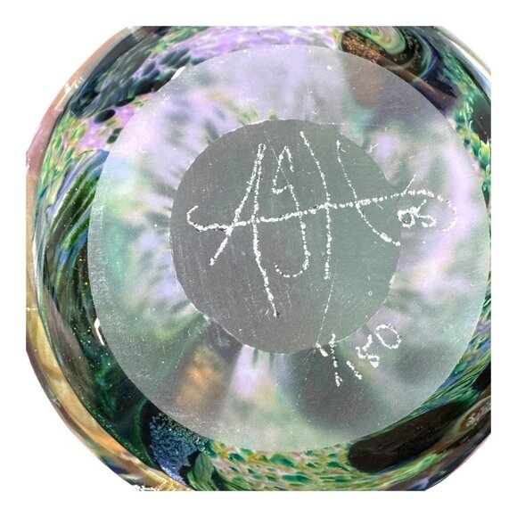 Hand Blown Glass Paperweight ASH Swirling Blue Green Oceanic Water Design Signed - Picture 5 of 7